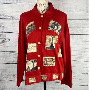 Country Wear Casuals Button Front Shirt Womens M Red Patchwork Paris Vintage